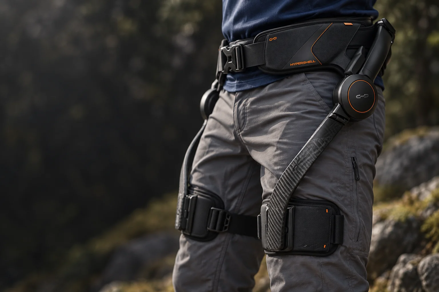 AI-generated close-up of the Hypershell X Ultra S waist belt, hip motor, carbon arm, and thigh cuff