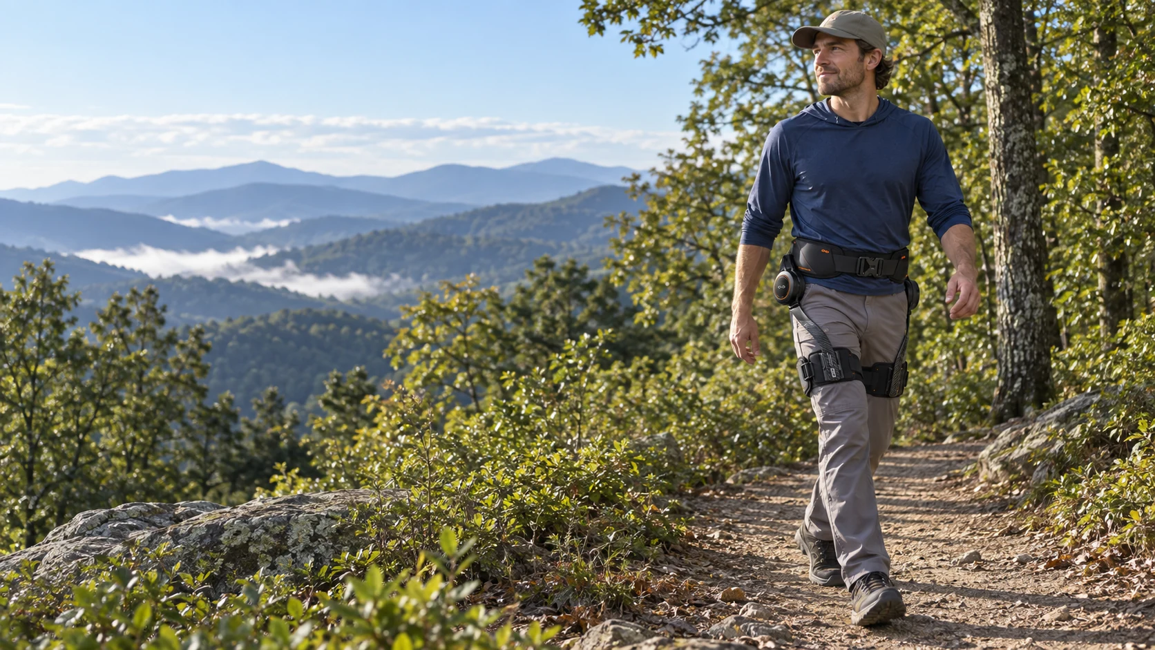 AI-generated scene of an adult wearing a Hypershell X Ultra S on a broad mountain trail