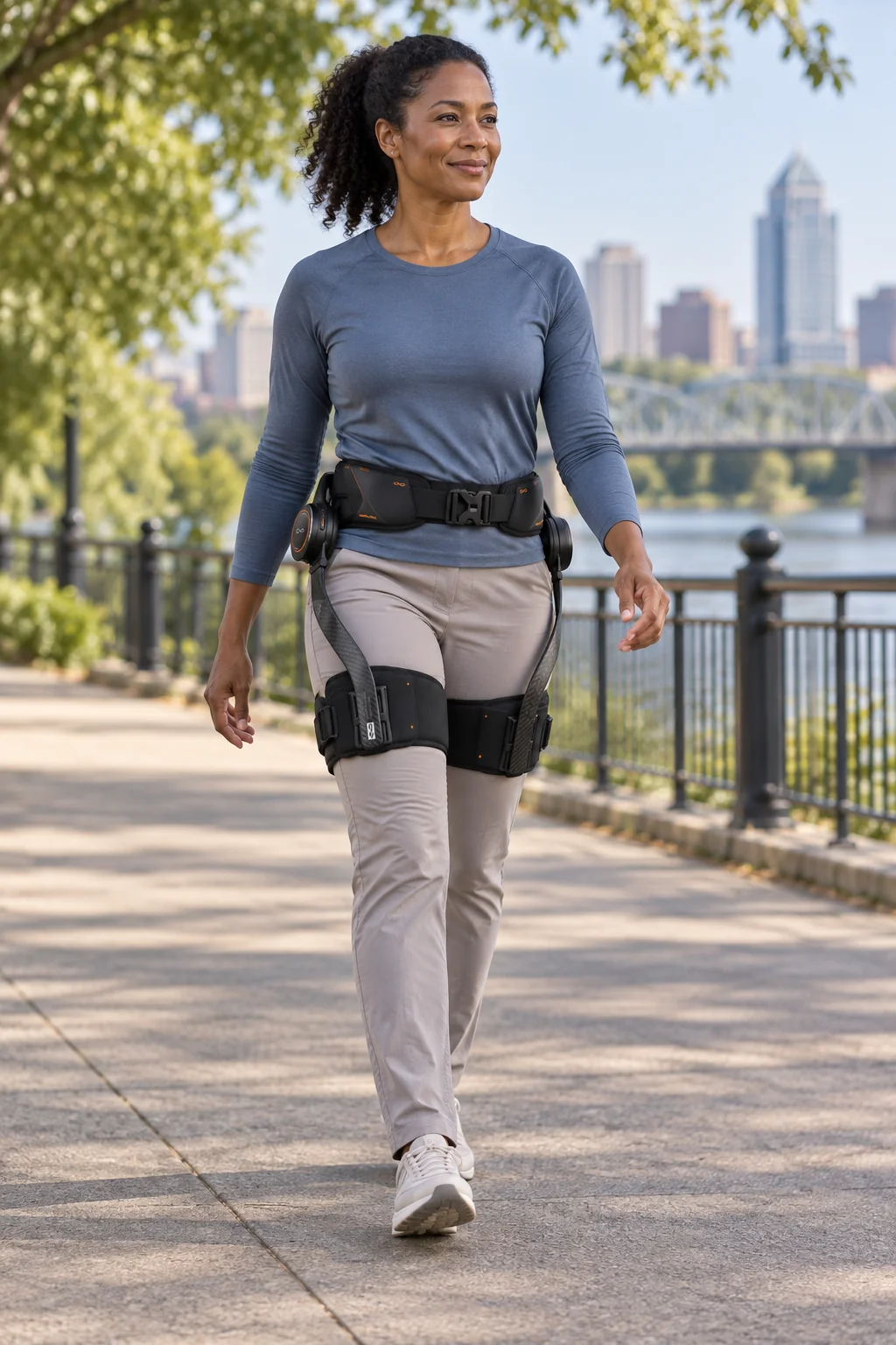 AI-generated scene of an adult wearing a Hypershell X Ultra S on a riverside park walk